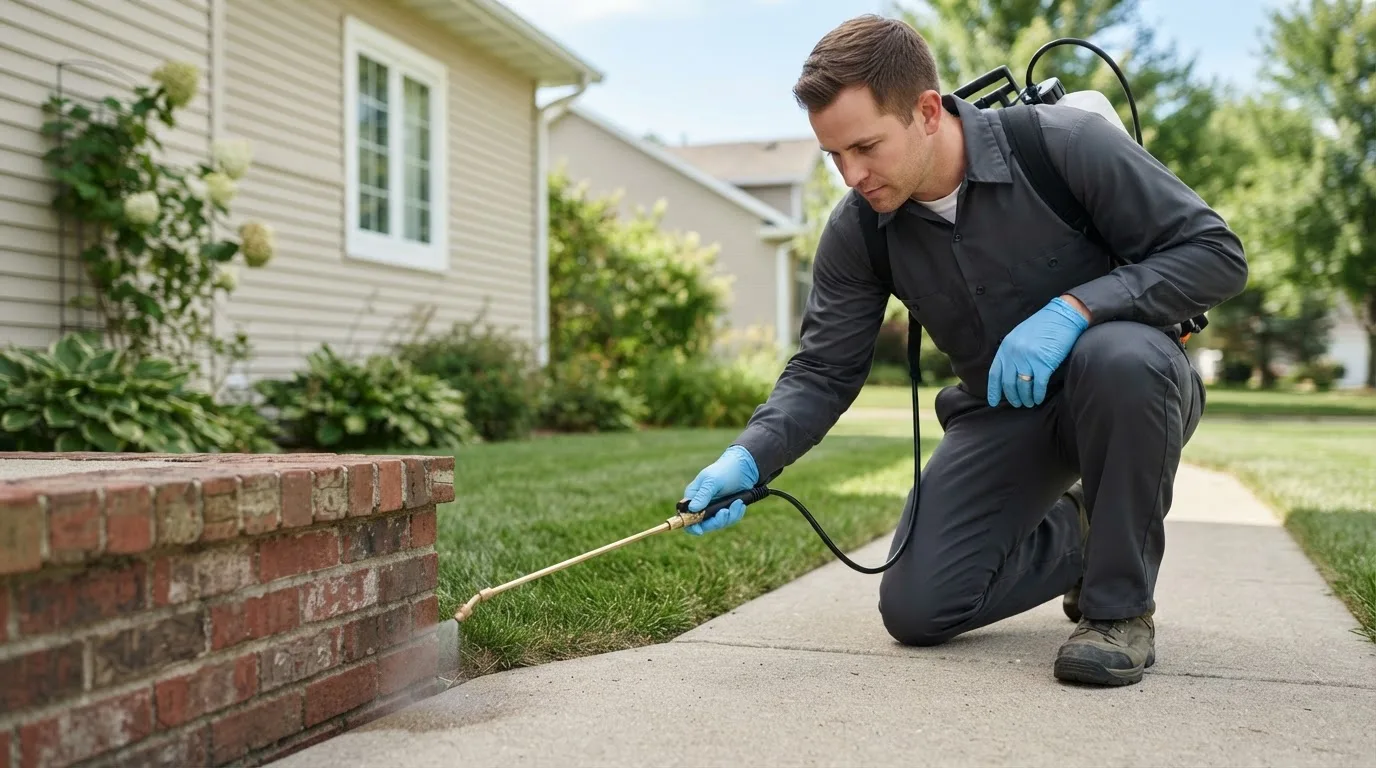 Pest control technician treating a home near Grandview, WA